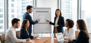 Équipe mixte en réunion professionnelle pour illustrer la parité homme femme en entreprise