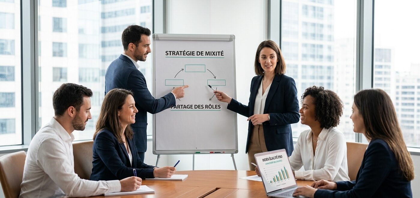 Équipe mixte en réunion professionnelle pour illustrer la parité homme femme en entreprise
